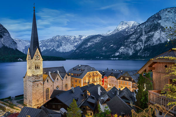Famous mountain village Hallstatt in Austria at night by Michael Abid