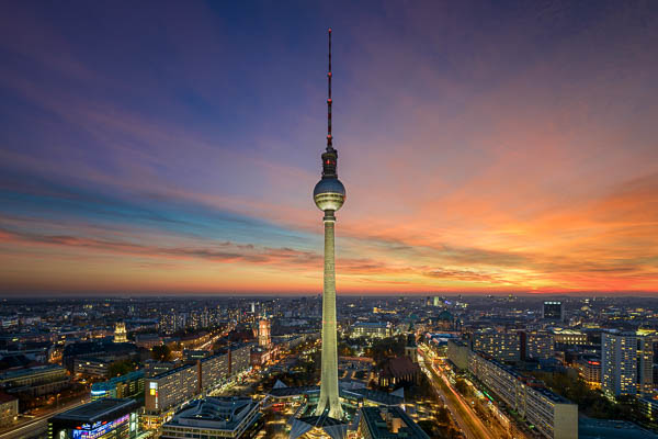 TV tower on the Alexanderplatz in Berlin, Germany during sunset by Michael Abid