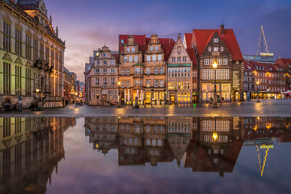 Market square of Bremen, Germany on a rainy evening by Michael Abid