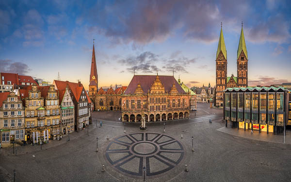 Panorama of the market square of Bremen, Germany during sunset by Michael Abid