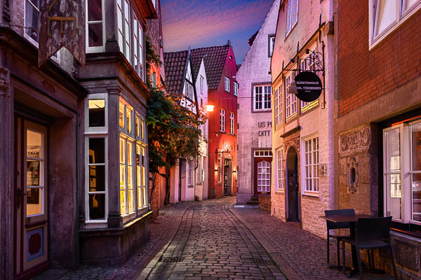 Historic Schnoor district in Bremen, Germany at night by Michael Abid
