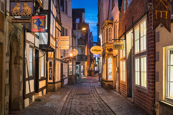 Historic Schnoor district in Bremen, Germany at night by Michael Abid