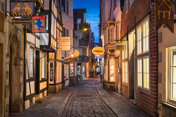 Historic Schnoor district in Bremen, Germany at night by Michael Abid