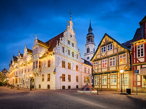 Old town of Celle, Germany at night with Christmas decorations by Michael Abid