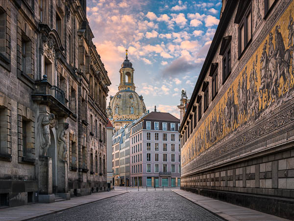 Frauenkirche and Fürstenzug in the historic town of Dresden, Germany by Michael Abid