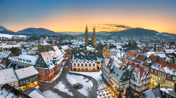 Panoramic view of a winter sunset at the market square in Goslar, Germany by Michael Abid