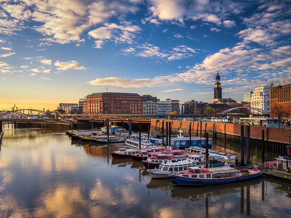 Sunset in the Binnenhafen in Hamburg, Germany with the famous St Michael church in the background by Michael Abid