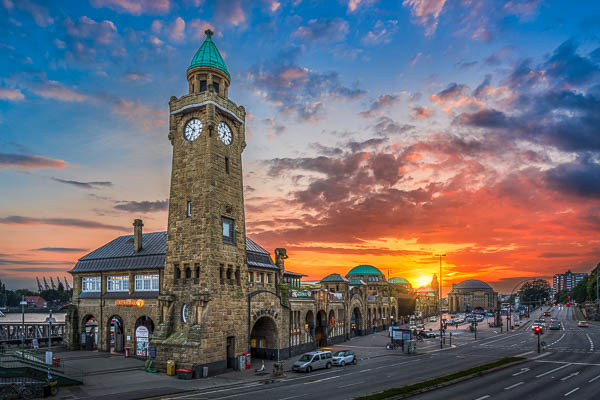 Landungsbruecken in Hamburg, Germany during sunset by Michael Abid