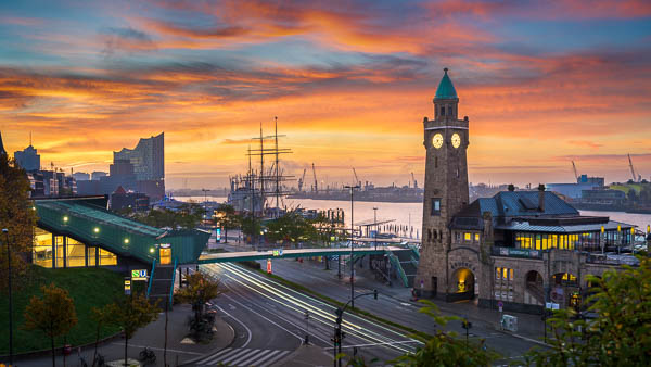 Colorful sunrise at the Landungsbrücken in Hamburg, Germany by Michael Abid