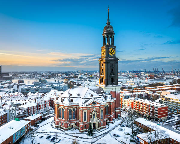Michel (St. Michael's church) in Hamburg, Germany on a winter day by Michael Abid