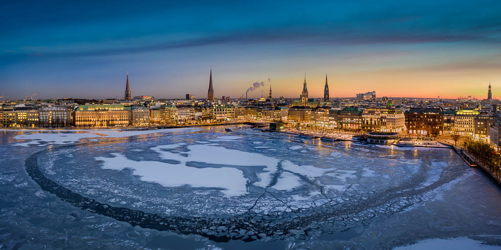 Winter sunset skyline of Hamburg