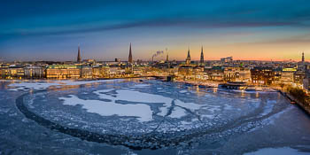 Winter sunset skyline of Hamburg