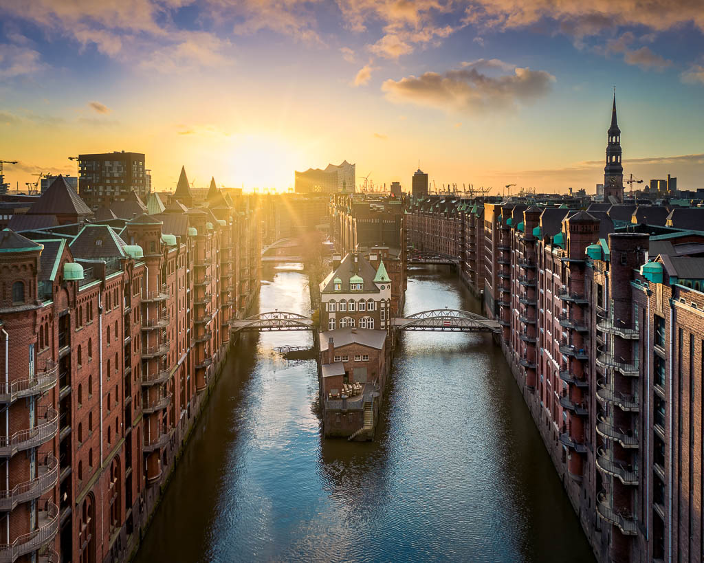 Sunset in the Speicherstadt in Hamburg