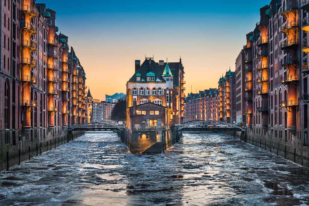 Speicherstadt in Hamburg on a winter evening