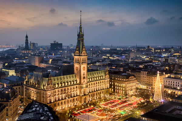 Aerial view of the Town Hall with the Christmas market in Hamburg, Germany by Michael Abid