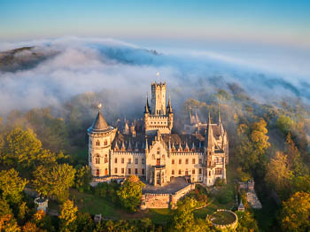 Marienburg Castle on a foggy morning