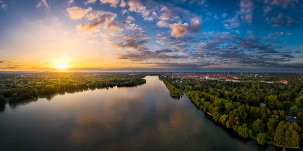 Aerial sunset panorama of the Maschsee lake in Hannover, Germany by Michael Abid