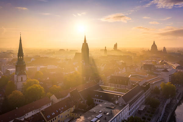 Old town of Hannover, Germany on a foggy autumn morning with the Kreuzkirche and Marktkirche churches and the Town Hall in the background by Michael Abid