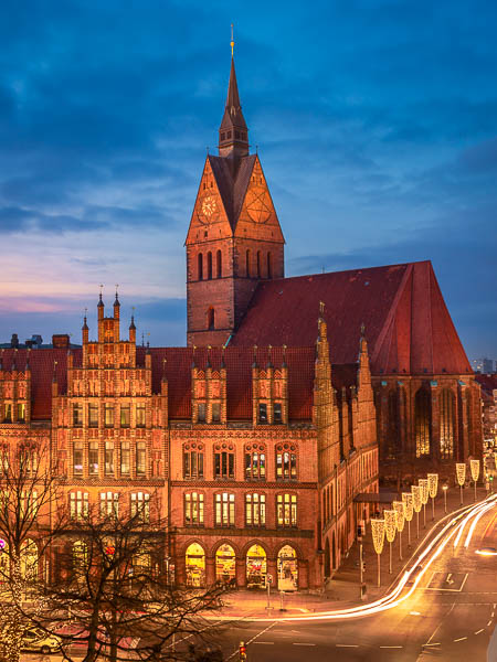 Old Town Hall and Marktkirche in Hannover, Germany with Christmas decorations by Michael Abid