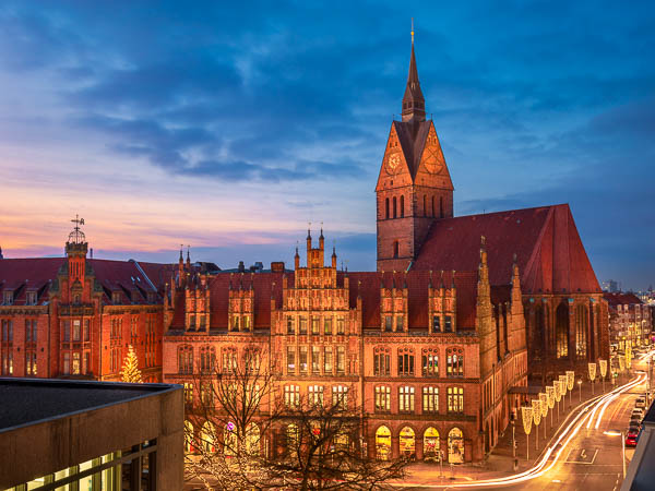 Old Town Hall and Marktkirche in Hannover, Germany with Christmas decorations by Michael Abid