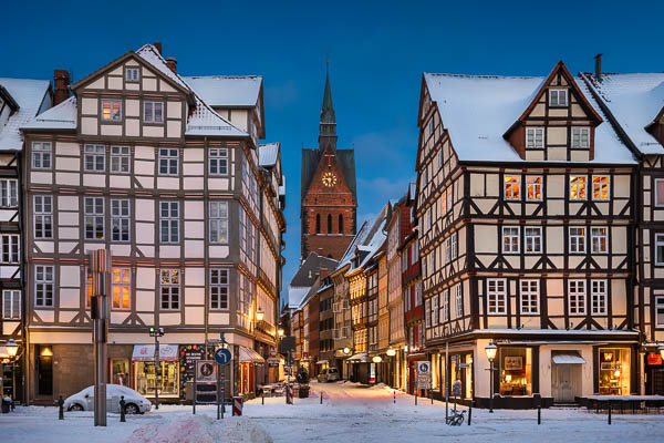 Marktkirche and old town of Hannover, Germany on a winter evening by Michael Abid