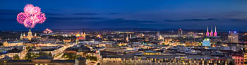 Skyline of Hannover at night with fireworks
