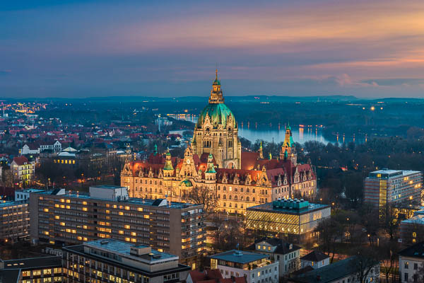 Aerial view of the Town Hall of Hannover, Germany at night by Michael Abid