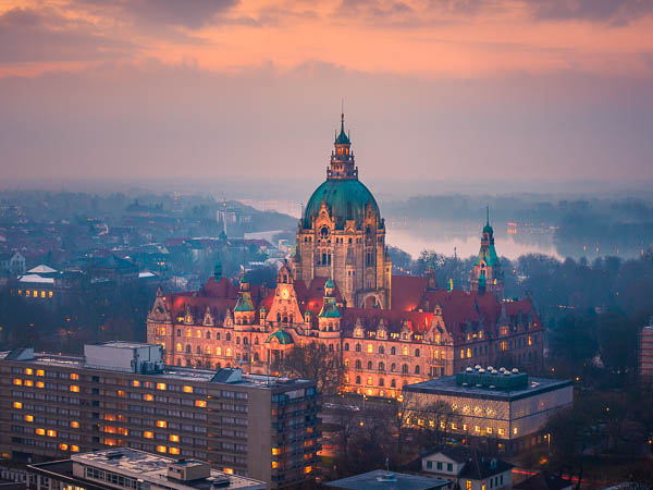 Aerial view of the Town Hall of Hannover, Germany at night by Michael Abid