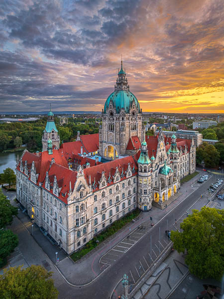 Aerial view of the Town Hall of Hannover, Germany at sunset by Michael Abid