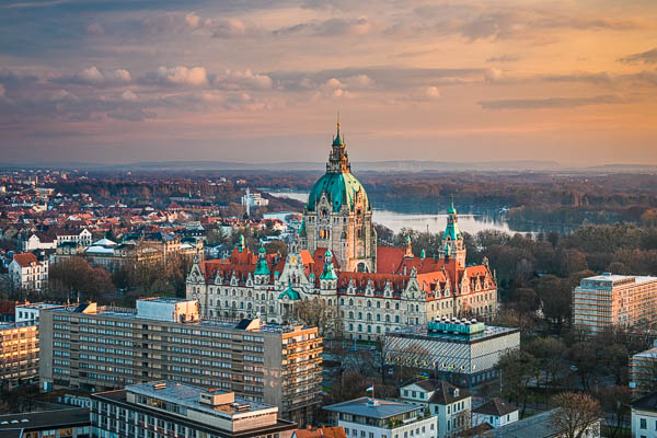 Aerial view of the Town Hall of Hannover, Germany at sunset by Michael Abid