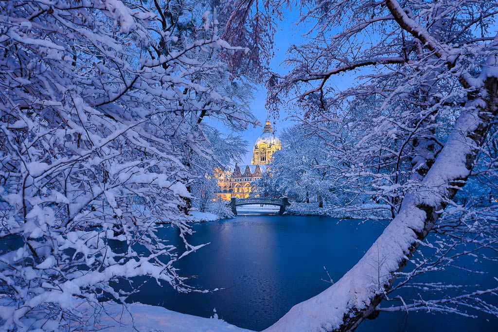 Wandbild im Winter von Hannover Rathaus |