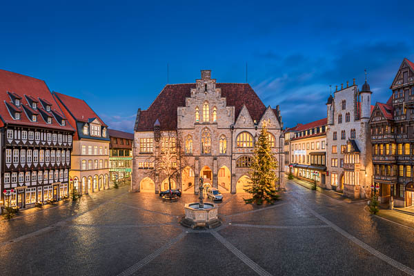 Historic market square and the Town Hall of Hildesheim, Germany at night by Michael Abid