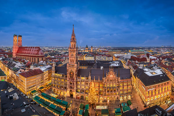 Panorama of the Marienplatz in Munich, Germany at night with Christmas decorations by Michael Abid