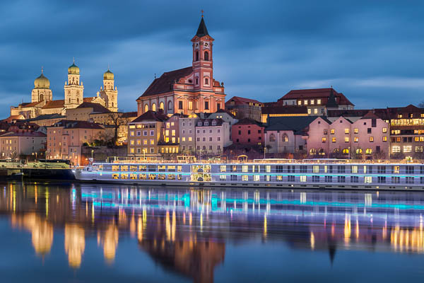 Historical Old Town of Passau on Danube river, Germany at night by Michael Abid