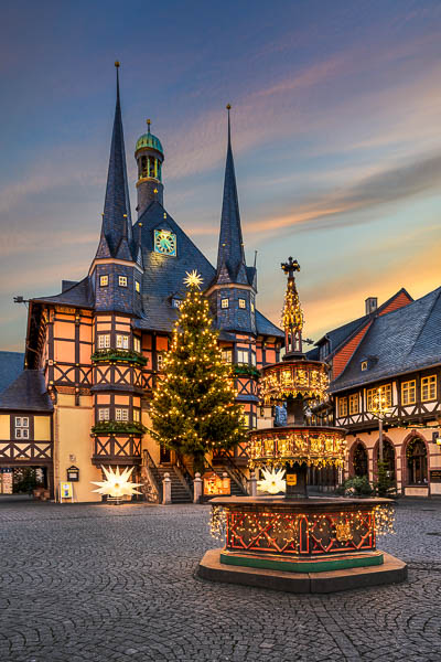 Christmas decorations in front of the Town Hall of Wernigerode, Germany by Michael Abid