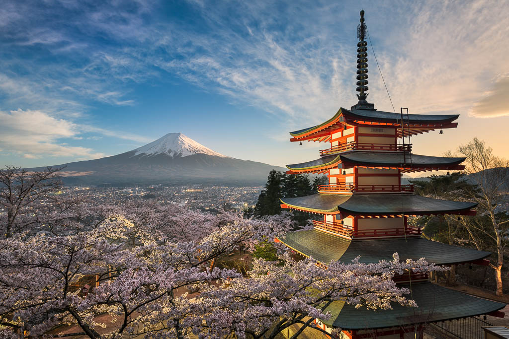 Mt. Fuji und eine Pagode in Japan während der Kirschblütenzeit (Sakura) von Michael Abid