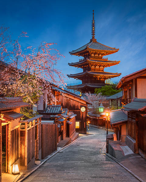 Die berühmte Yasaka-Pagode und Kirschblüte bei Nacht in Kyoto, Japan von Michael Abid
