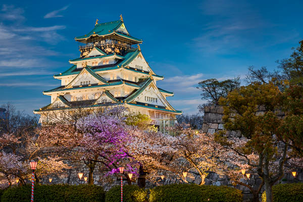 Schloss von Osaka mit Kirschblüte bei Nacht, Japan von Michael Abid