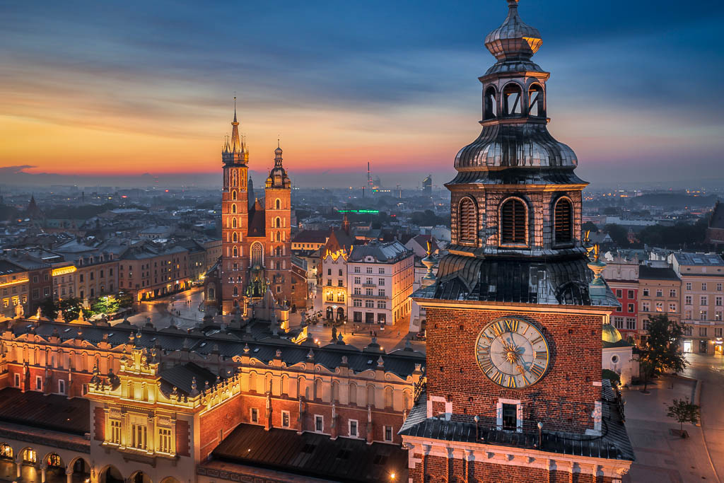 Altstadt von Krakau bei Sonnenaufgang