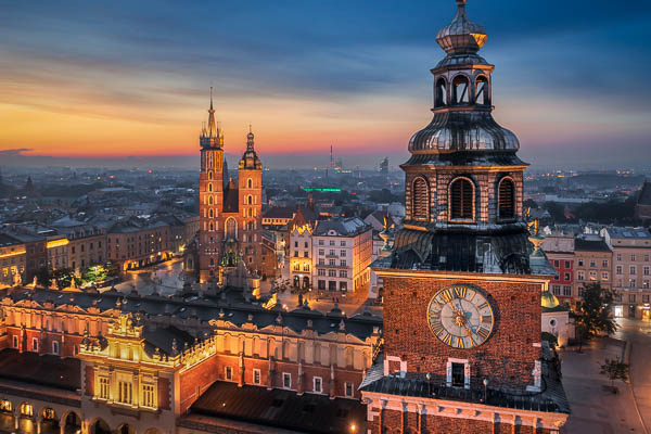 Aerial view of the old town of Krakow, Poland at sunrise by Michael Abid