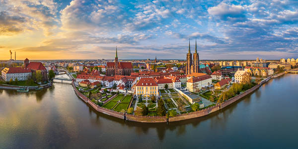 Aerial panorama view of the Old Town and Ostrow Tumski in Wroclaw, Poland by Michael Abid