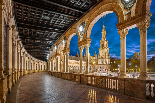 Plaza de Espana in Seville, Andalusia, Spain at night by Michael Abid