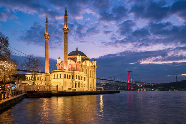 Ortakoy Mosque with Bosphorus Bridge in Istanbul, Turkey at night by Michael Abid