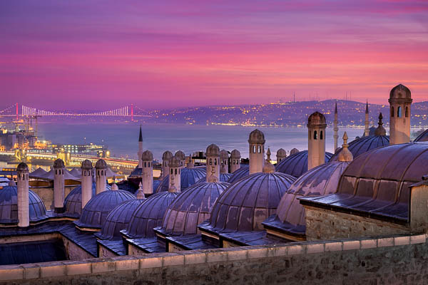 Old town of Istanbul, Turkey with Galata bridge and Bosporus bridge during sunrise by Michael Abid
