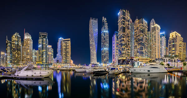 Night panorama of Dubai Marina, United Arab Emirates by Michael Abid