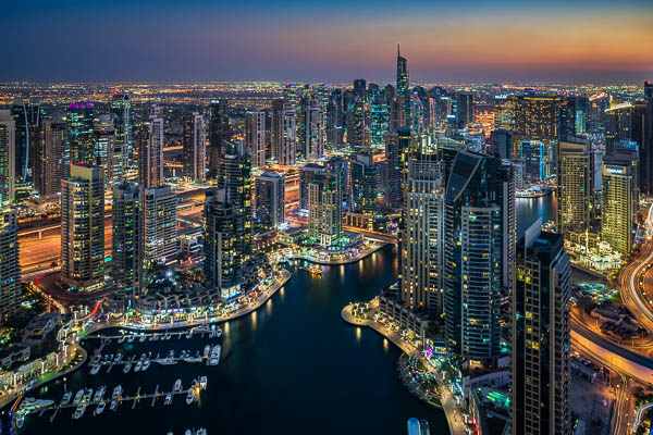 Aerial view of Dubai Marina during sunset by Michael Abid