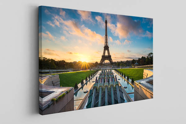 Leinwand | Sonnenaufgang am Springbrunnen vor dem Eiffelturm in Paris