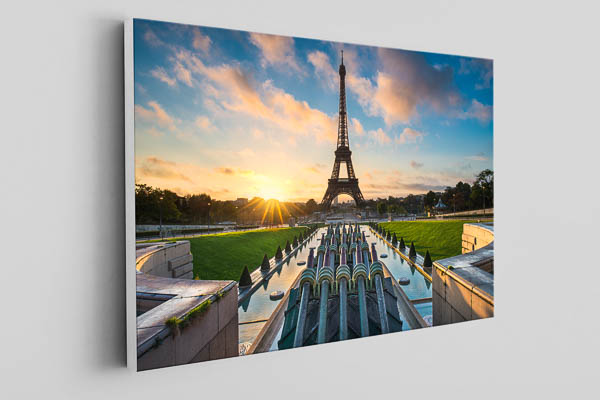 Leinwand | Sonnenaufgang am Springbrunnen vor dem Eiffelturm in Paris
