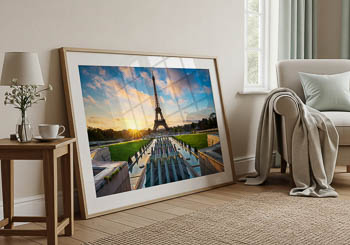 Wandbild | Sonnenaufgang am Springbrunnen vor dem Eiffelturm in Paris