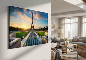 Wandbild | Sonnenaufgang am Springbrunnen vor dem Eiffelturm in Paris